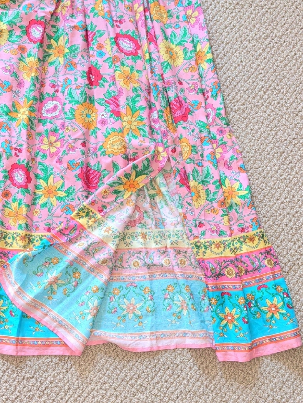 Colorful Floral Boho Maxi Dress With Smocking V Neck And Tie L - Picture 7 of 9